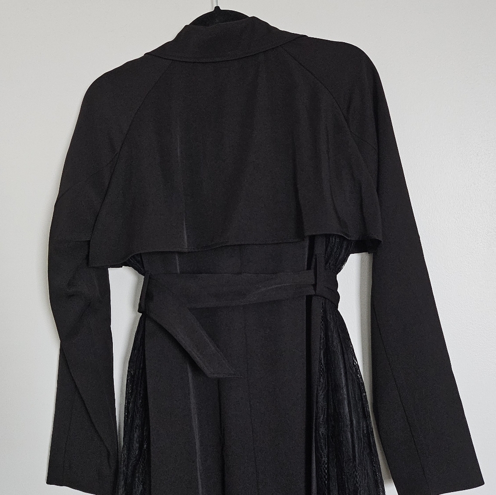 Resexxy Gyaru Black Trench Coat Pleated Lace Panel Sides Tortoise Shell Buttons - Picture 11 of 14